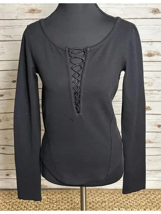 We The Free black long sleeve lace-up fitted top Size XS - Picture 1 of 5